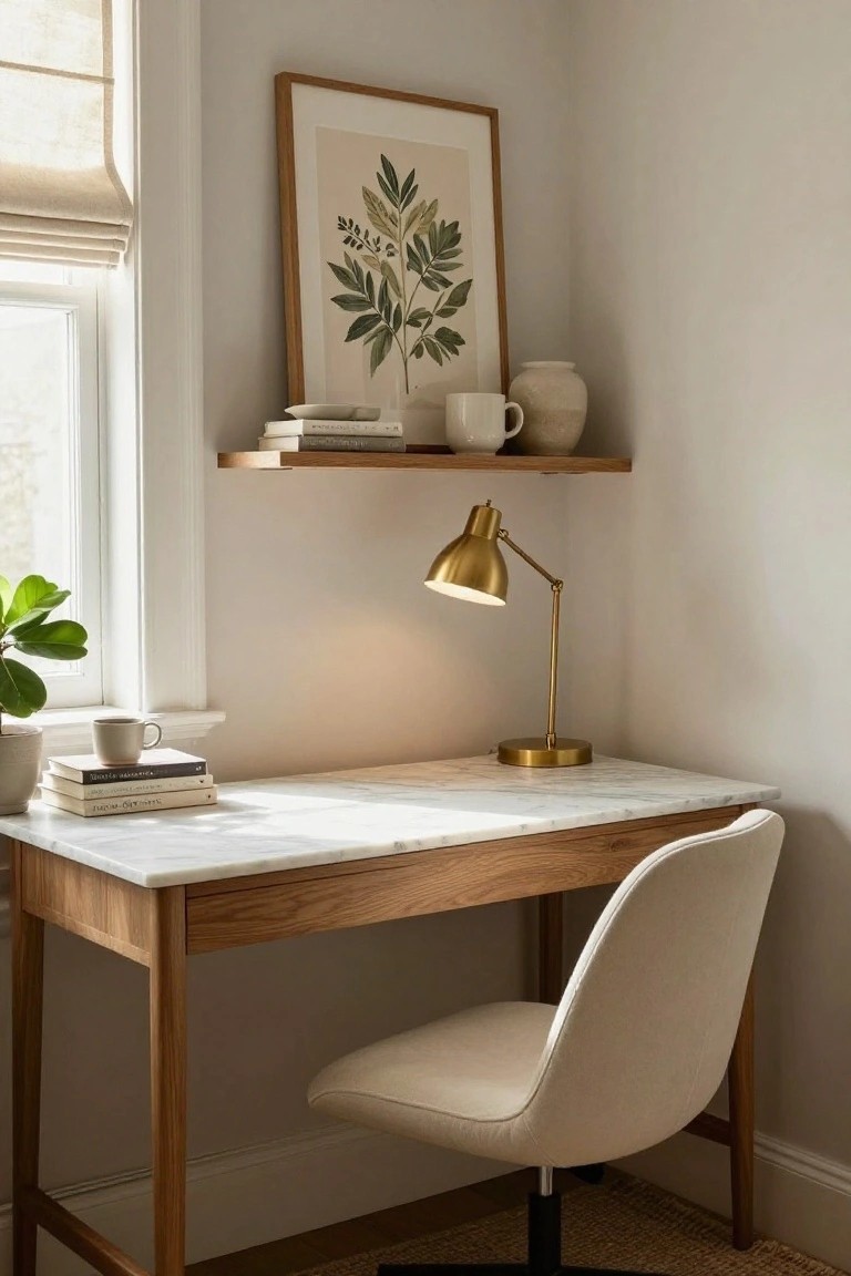A cream boucle desk chair at a wooden desk with white marble top in a light corner room, with gold desk lamp, books, plants, shelf, and botanical art on the wall.