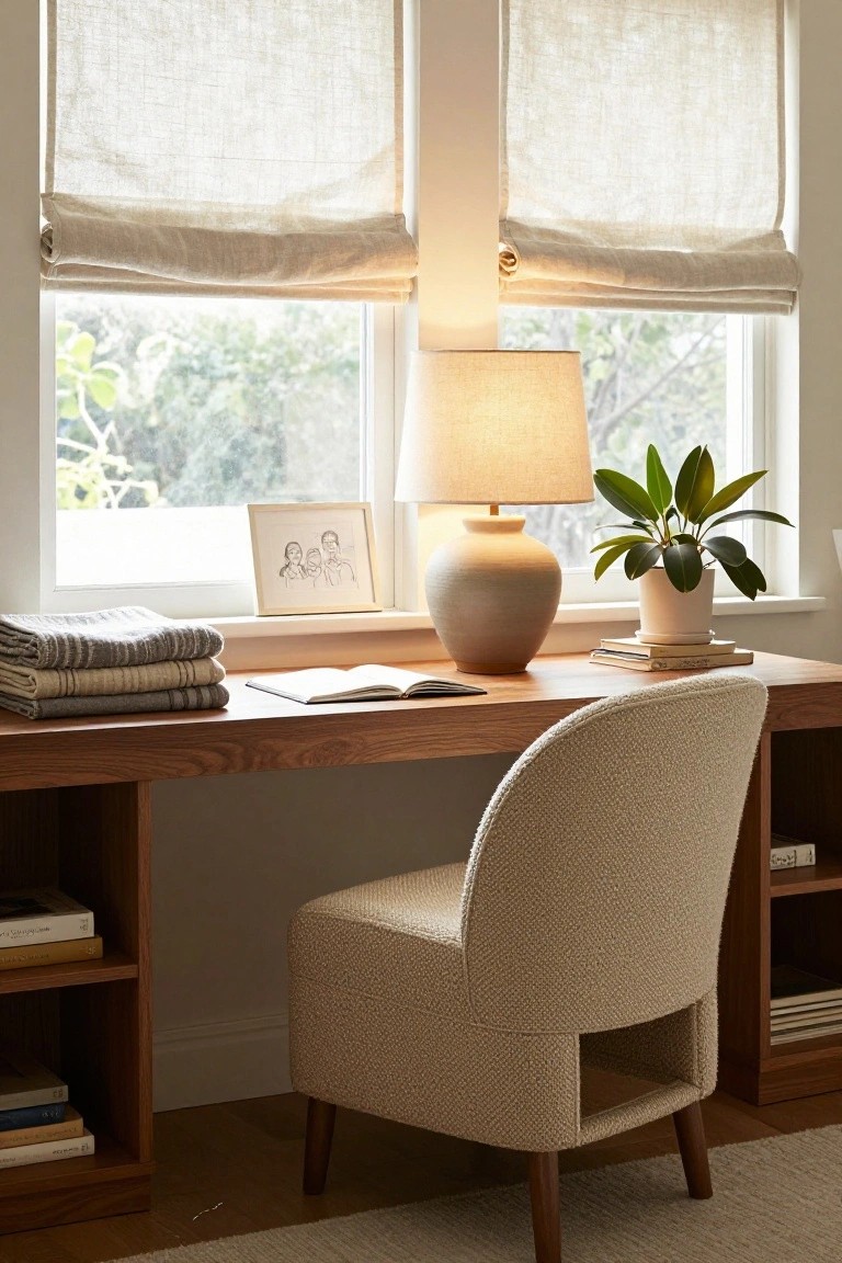 Cream boucle-upholstered chair at an oak desk with open bookshelves in a sunlit room featuring linen roman shades, a ceramic lamp, potted plant, family sketch, and folded blankets.
