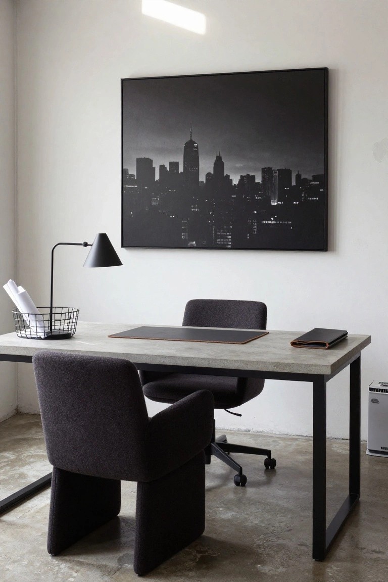 Modern minimalist office desk with two dark chairs and cityscape artwork.