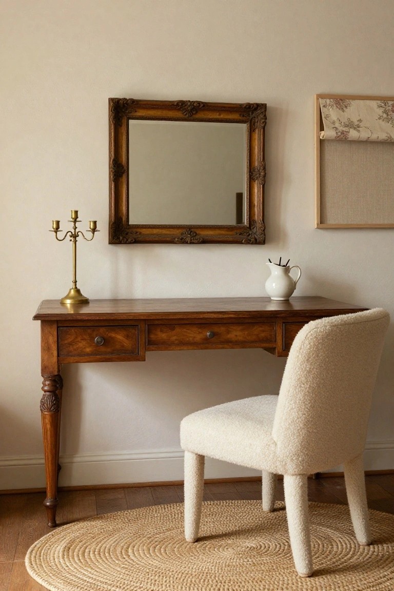 Cream boucle-upholstered chair at a wooden desk with turned legs, gold candelabra, white jug with sticks, ornate gold-framed mirror, and beige walls in a light room.