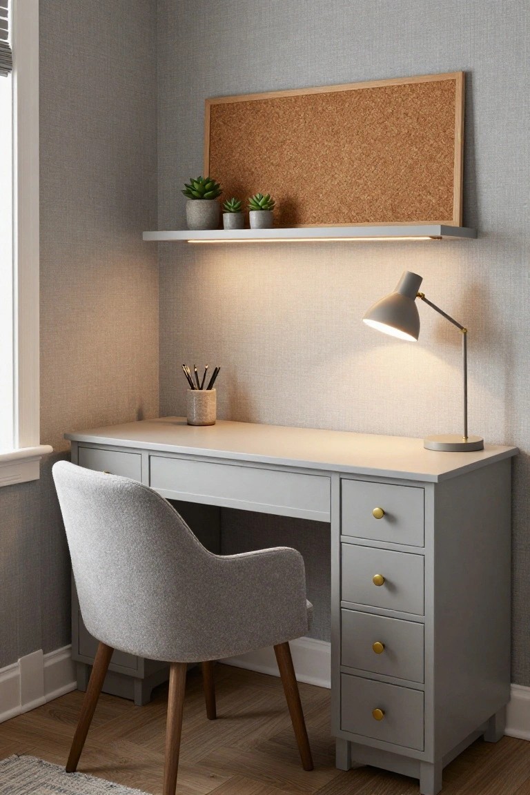 Gray boucle armchair at a light gray wooden desk with drawers in a corner room with corkboard shelf, potted succulents, desk lamp, and pencil holder.