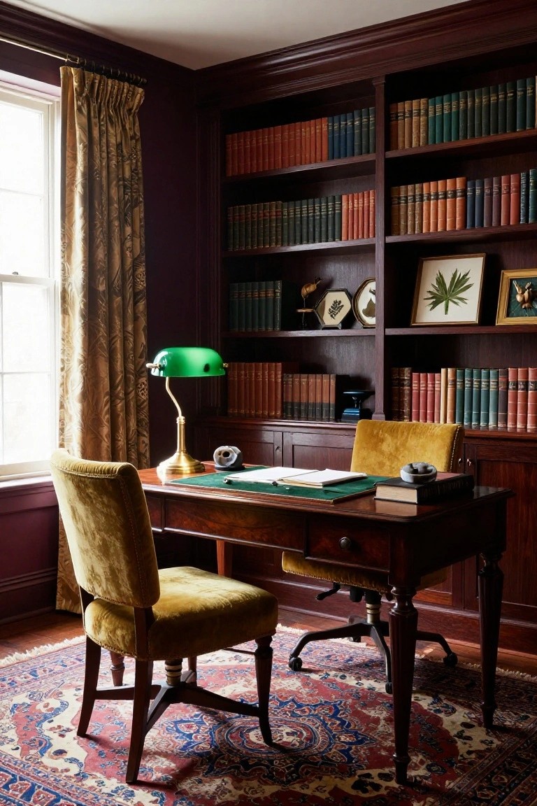 Wood-paneled office room with floor-to-ceiling bookshelves filled with books, antique wooden desk topped with green leather and a green banker's lamp, yellow upholstered armchair, swivel desk chair, and Persian rug on hardwood floor.