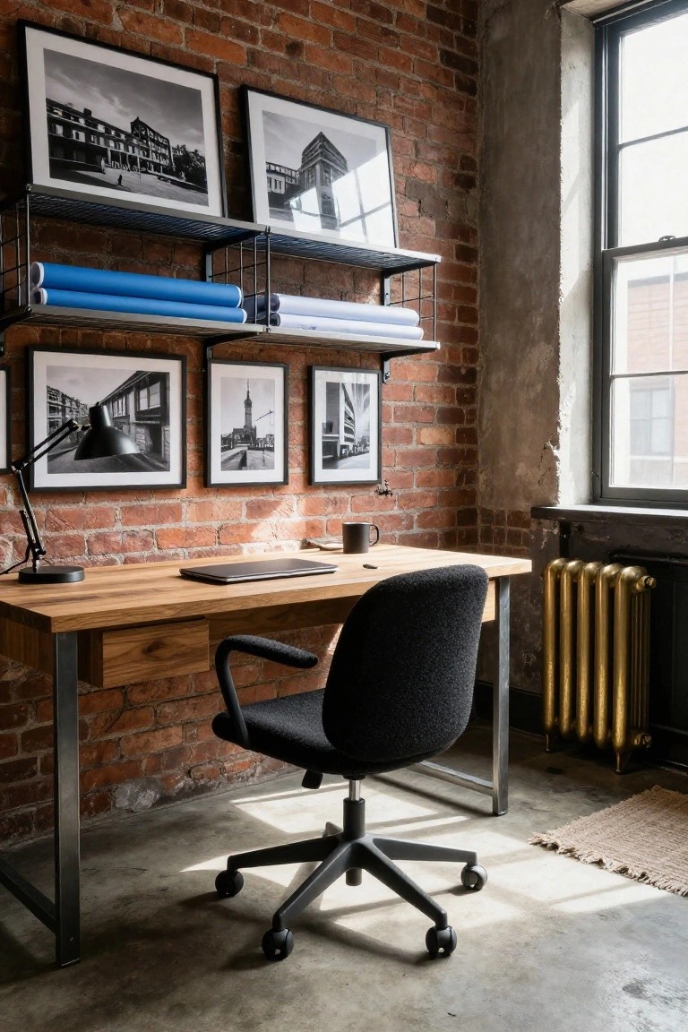 Home office with oak desk on metal legs, black boucle swivel chair, exposed brick wall lined with black and white photos and metal shelves holding blue paper rolls, brass radiator, desk lamp, and large window.