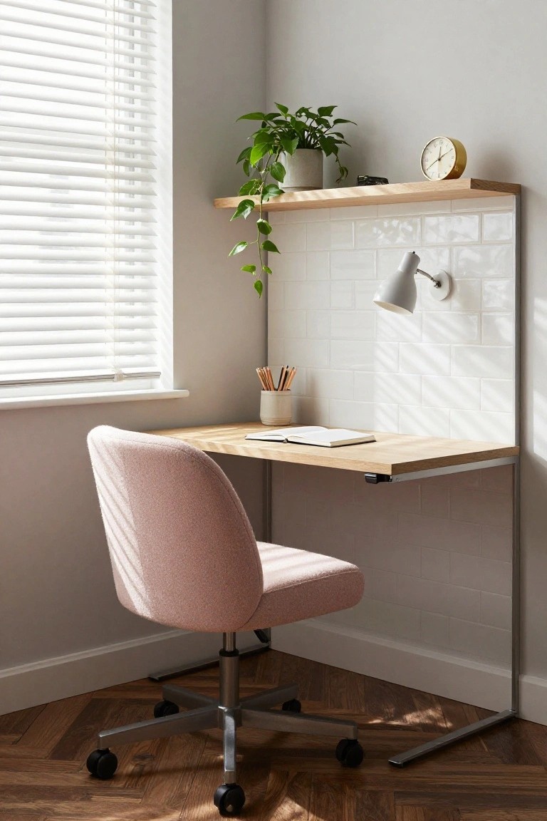 Pink boucle fabric desk chair on casters in front of a wooden top wall-mounted desk with metal frame against a white subway tile wall, with shelves holding a plant and clock above, in a light-filled corner room with blinds and wood floor.