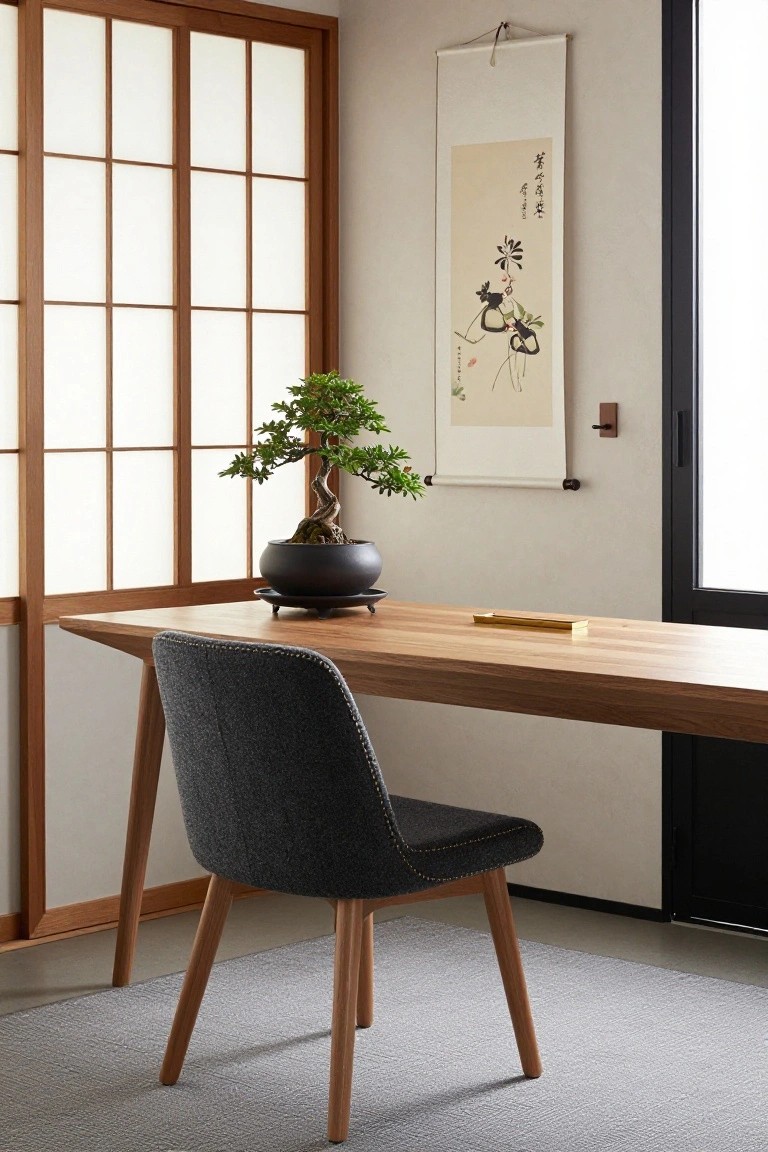 Gray boucle fabric desk chair at a light wood desk next to a black bonsai pot in a Japanese-style office with shoji screens, hanging scroll painting, and beige walls.