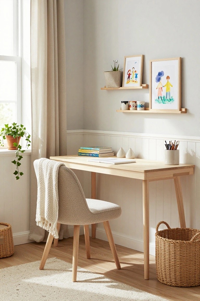 Light wood desk with cream boucle chair draped in a white throw, in a pale gray room with wainscoting, shelves holding mugs and artwork, potted plants, and a window with sheer curtains.