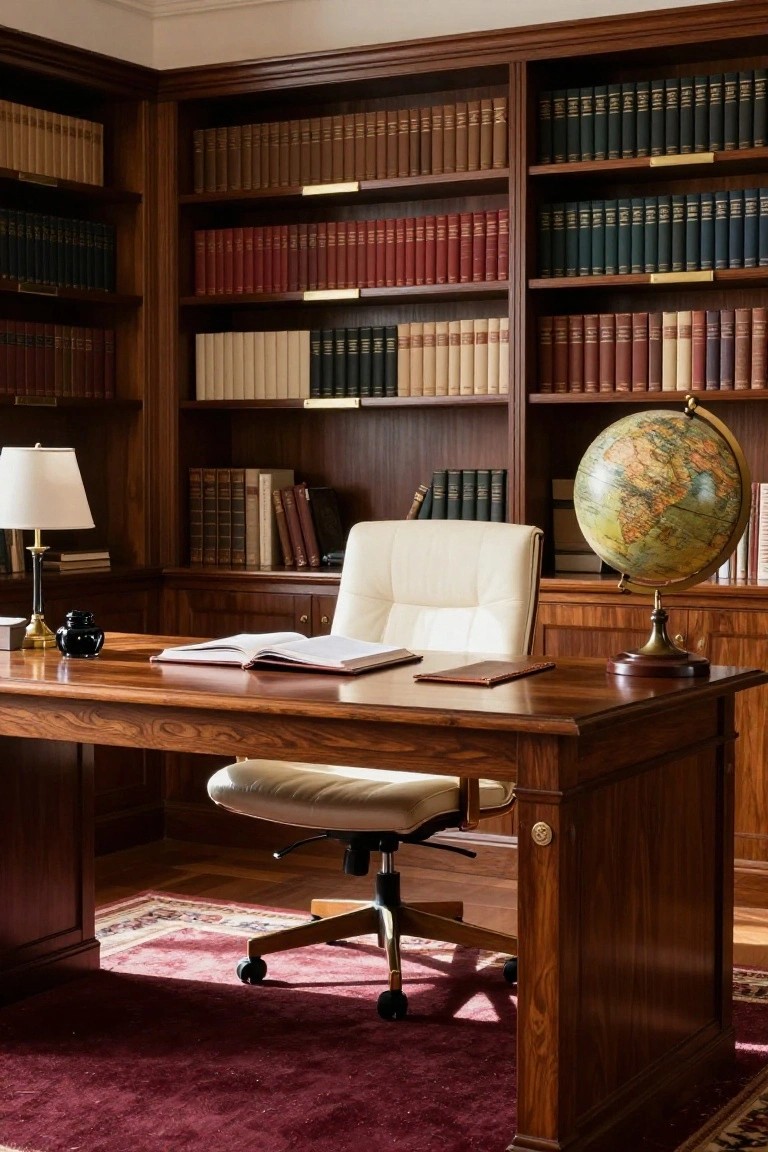 Wood-paneled home office with floor-to-ceiling bookshelves filled with books, wooden desk holding an open book and leather folder, white upholstered swivel chair, brass globe stand, table lamp, and red area rug.
