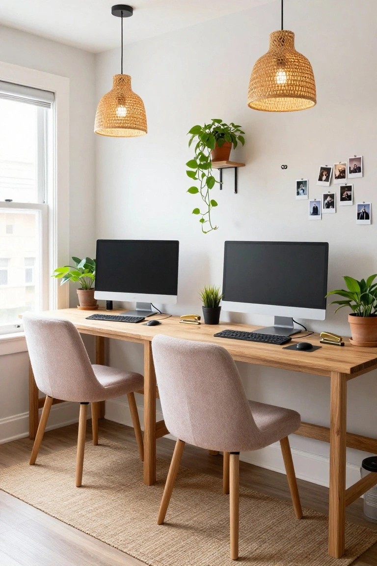 A home office with two pale pink boucle-upholstered chairs at a long wooden desk supporting dual black computer monitors, keyboards, mice, plants in terracotta pots, and rattan pendant lights overhead.