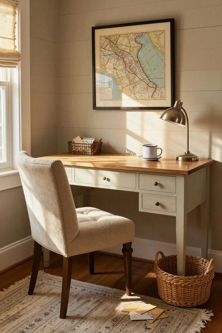 Cream boucle-upholstered desk chair pushed up to a white wooden desk with drawers in a beige shiplap-walled room featuring a map on the wall, desk lamp, mug, and woven basket on the floor.