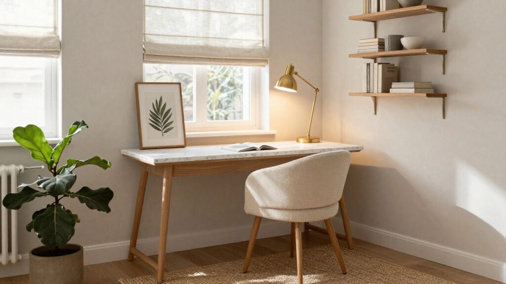 23 Boucle Desk Chair Office Ideas That Feel Plush A cream boucle desk chair at a wooden desk with white marble top in a light corner room, with gold desk lamp, books, plants, shelf, and botanical art on the wall.