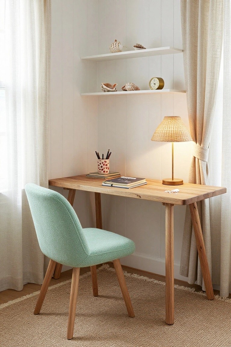 Mint green boucle armchair at a light wooden desk with angled legs in a white-walled room, sheer curtains on window, floating shelves with shells and clock, rattan lamp, and books on desk.