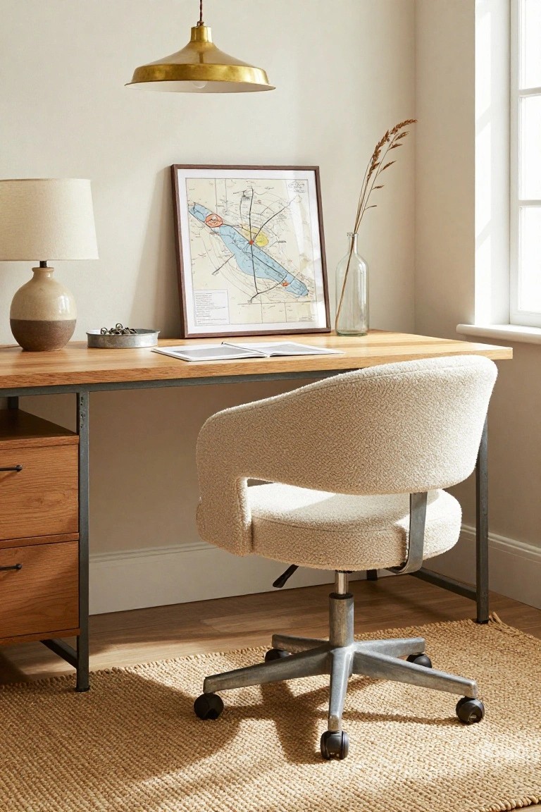 Cream boucle fabric desk chair with curved back at a wooden desk with black metal legs and drawers in a beige home office corner, next to a table lamp, ceramic vase, paper clips dish, framed map on wall, glass vase with dried grasses, brass pendant light, and jute rug on hardwood floor.