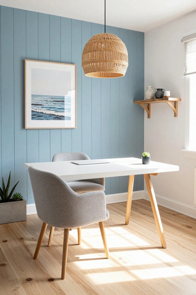 Home office corner with light blue shiplap walls, white desk on wooden legs, gray textured boucle chair, rattan pendant light overhead, framed ocean photo, wooden shelf with pottery, potted plants, and light hardwood floors.