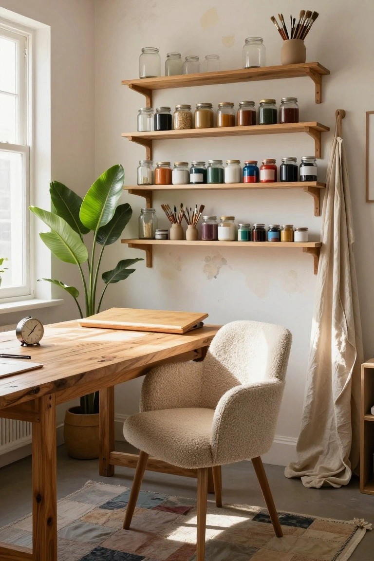 Beige boucle armchair at a wooden desk in a sunlit studio room with three tiers of wooden shelves holding glass jars of paints and supplies, brushes in a vase, a large green plant, and a linen towel hanging on the wall.
