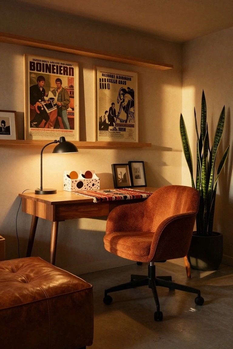 Home office corner with orange boucle swivel chair at wooden desk, desk lamp, woven rug, wall posters, framed photos, ottoman, and tall snake plant.
