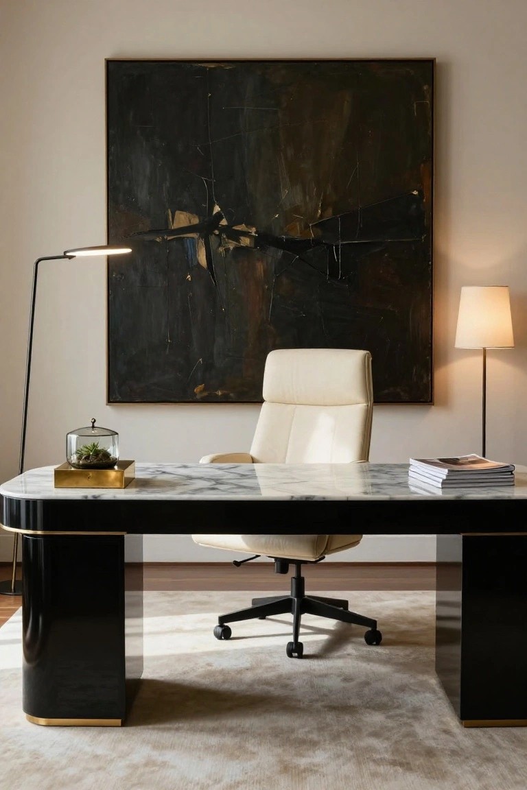 Modern home office with cream desk chair at curved white marble desk with black bases, two floor lamps, abstract black painting on wall, glass terrarium and stacked magazines on desk.