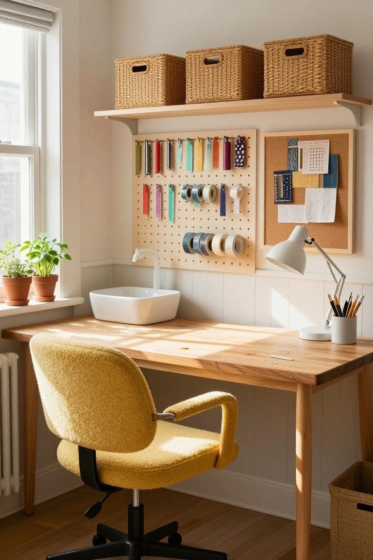 Home office with yellow boucle desk chair at wooden desk, white sink nearby, pegboard wall holding colorful tapes and tools, wicker baskets on shelves, corkboard, desk lamp, potted plants on windowsill, and natural light from window.