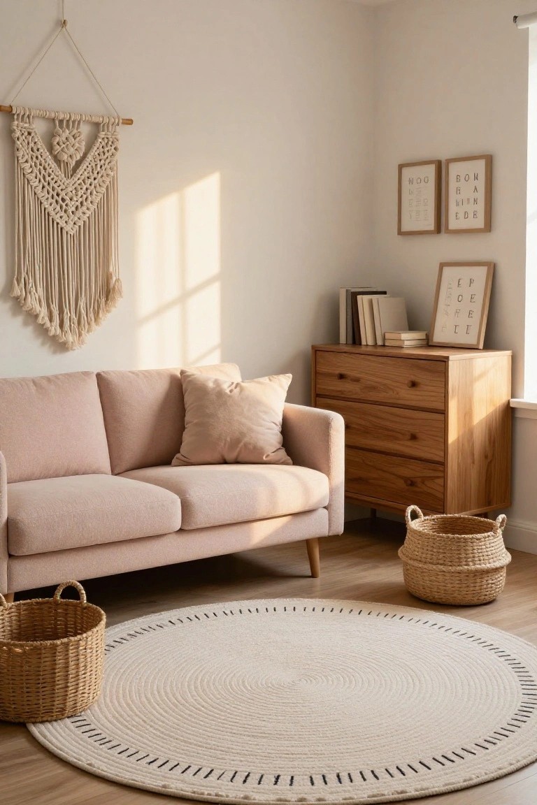 Cozy living room with pink sofa, round rug, macrame, and wooden dresser.