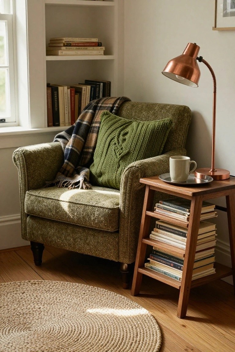 Green textured armchair with plaid blanket and green knit pillow in corner bookshelves wooden side table stacked books copper lamp mug saucer seagrass rug wooden floor near window