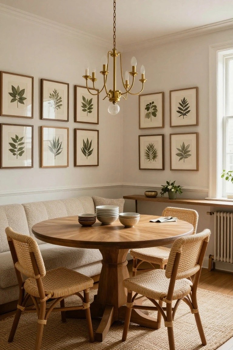 Cream boucle banquette in a dining corner with round wooden table, rattan chairs, stacked bowls, brass chandelier, botanical leaf prints on walls, and a window with radiator.