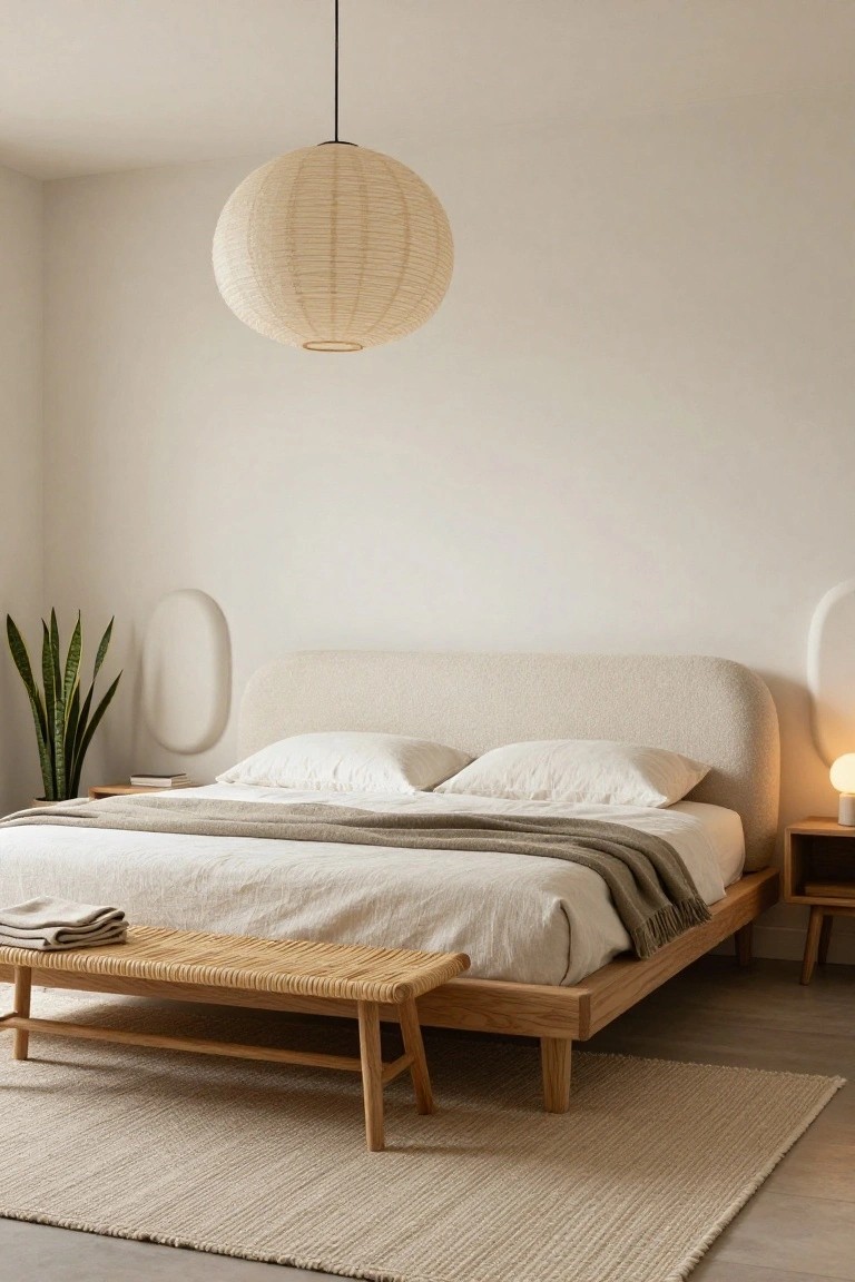 Minimalist bedroom with cream boucle-upholstered rounded bed headboard on wooden frame, rattan bench at foot, folded blankets, white bedding, snake plant, oval wall sconce, bedside table with lamp and books, paper pendant light, beige rug, light wood floor.