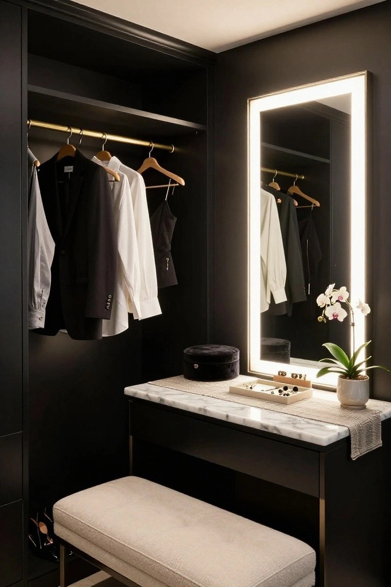 Black walk-in closet with brass hanging rod, clothes on wooden hangers, large backlit mirror, marble-topped vanity with jewelry tray and orchid plant, and cream fabric bench with black high heels beside it.