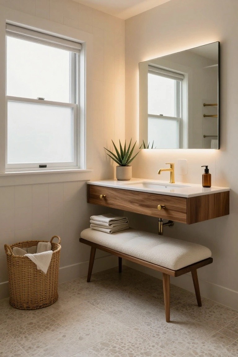 Modern bathroom with floating walnut vanity, gold faucet, white boucle-upholstered bench underneath, potted plant, woven basket with towels, and light patterned tile floor.