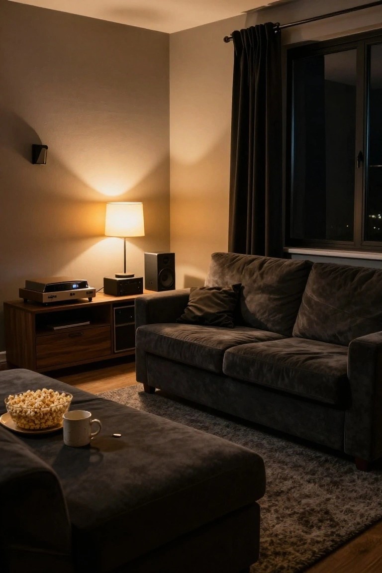 Dimly lit living room with gray boucle sofa and matching ottoman holding popcorn bowl and white mug, wooden media console with turntable and speakers, table lamp, and dark curtained window.