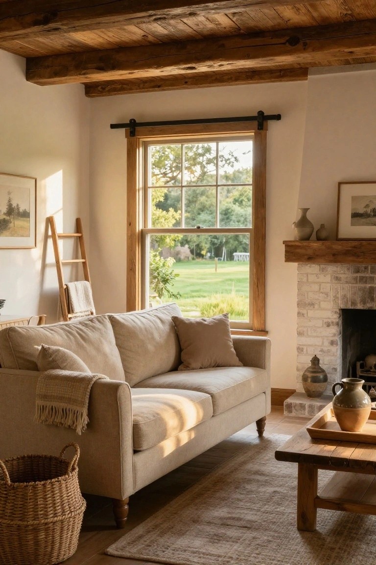 A beige boucle sofa with pillows and throw in a rustic living room featuring exposed wooden beams, white walls, brick fireplace with pottery, wooden ladder holding a towel, large multipane window overlooking a green yard, and wicker basket on the wood floor.