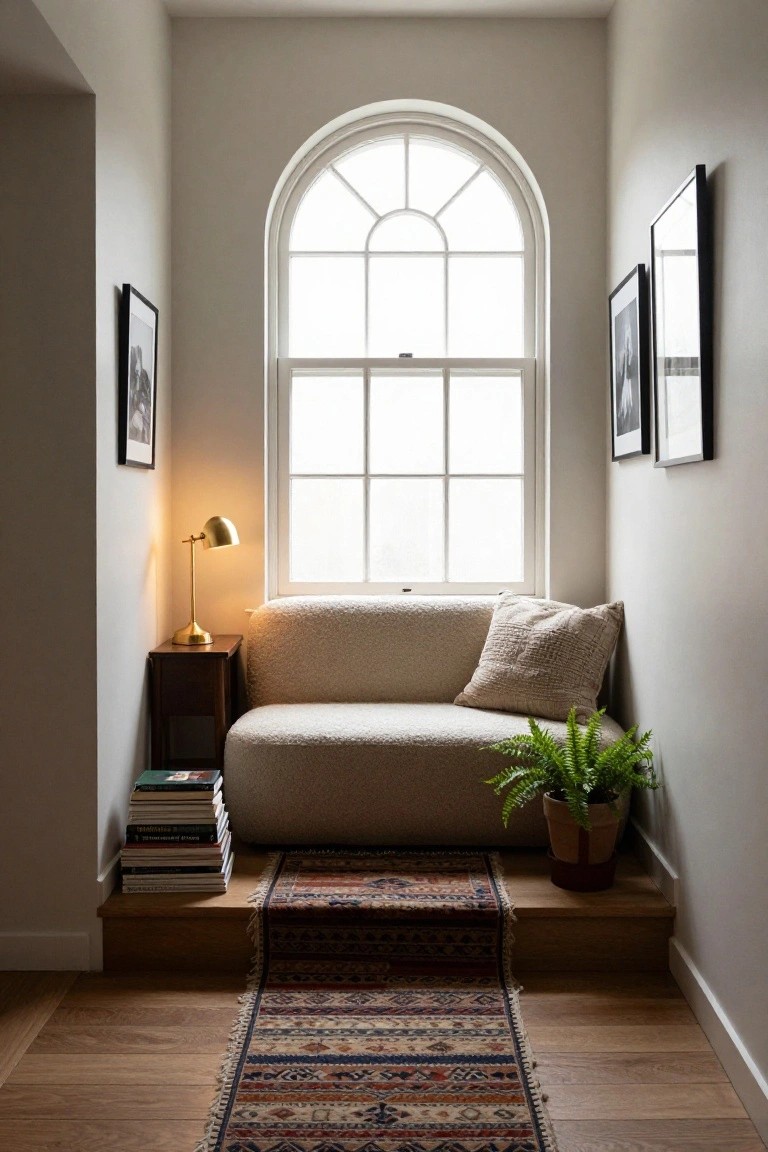 Narrow indoor alcove with a white boucle sofa beside a tall arched window, gold desk lamp on wooden side table with stacked books, fern plant in terracotta pot, and patterned runner rug on wooden steps and floor.