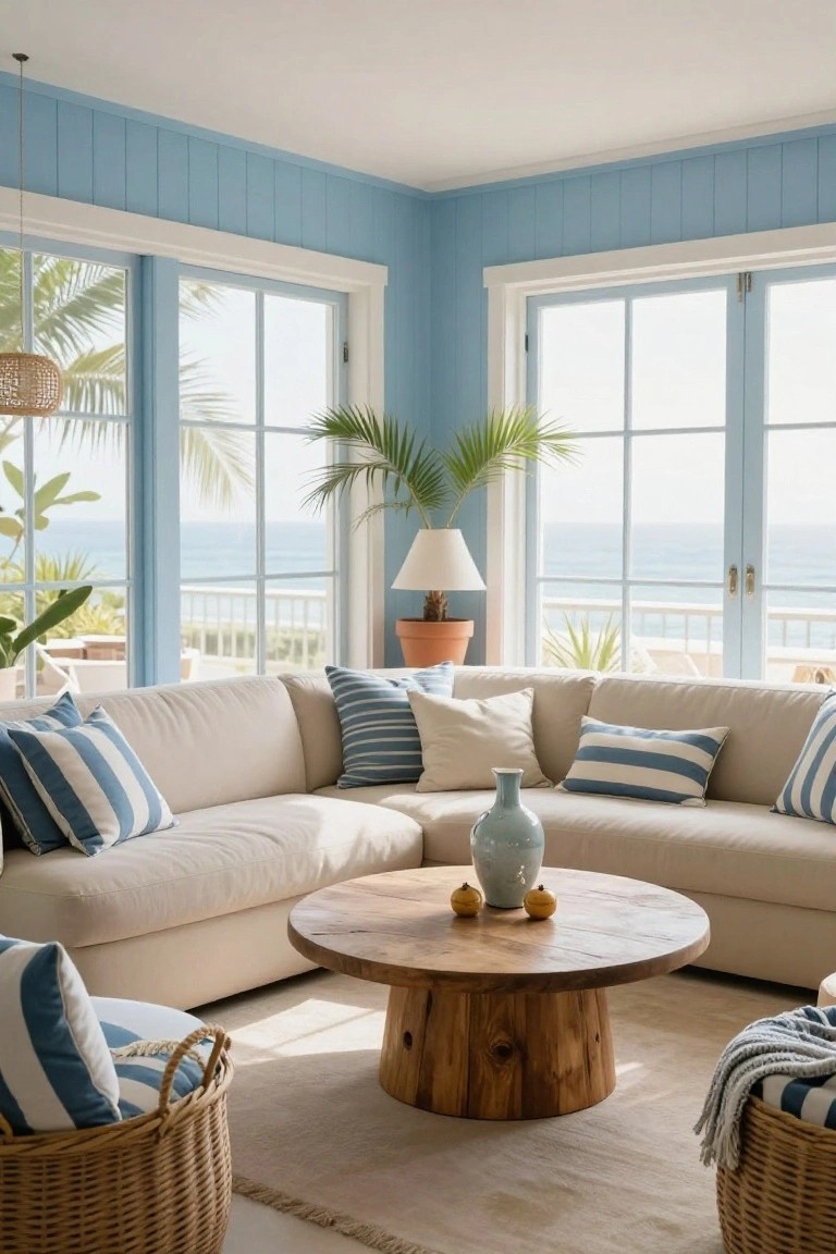 Corner of a living room featuring a cream L-shaped boucle sofa with navy and white striped pillows, blue shiplap walls, large windows showing ocean view and palms, potted plants, lamp, round wooden coffee table with vase and fruit, and woven baskets.