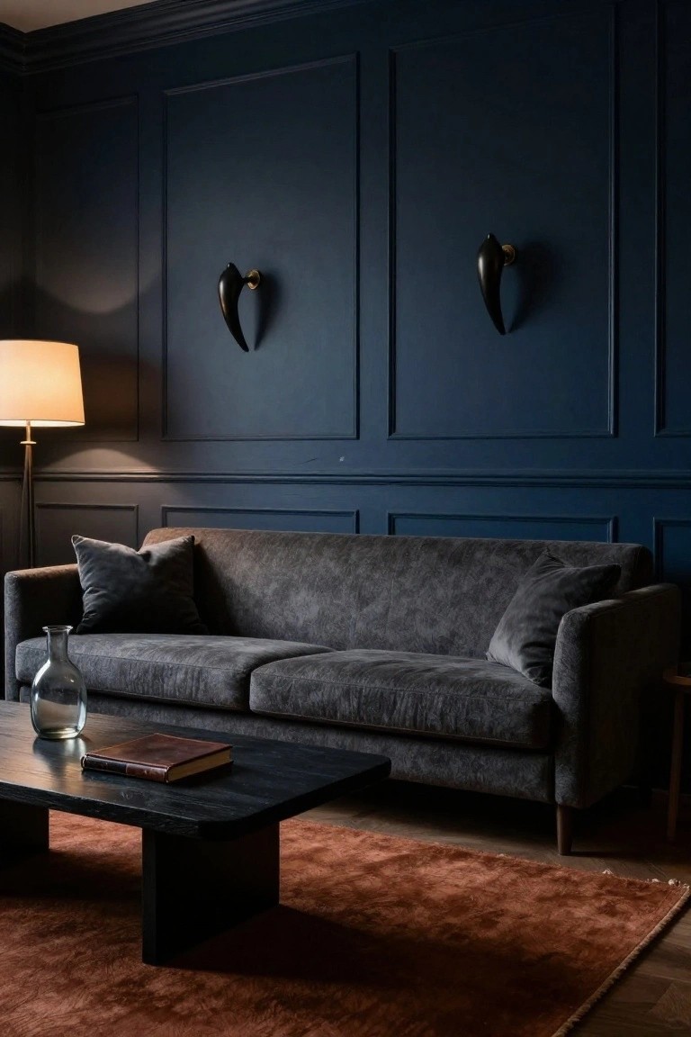 Gray boucle sofa on rust rug in navy blue paneled living room with black coffee table, glass vase, lamp, and black wall sconces.
