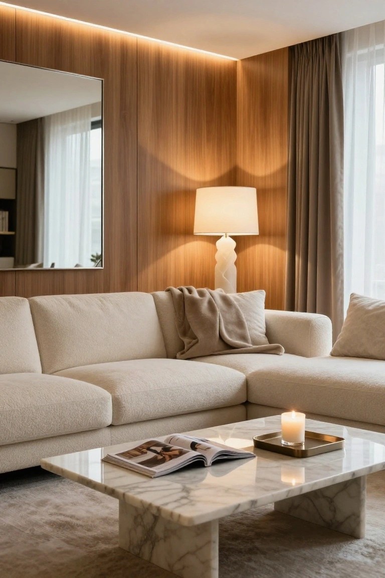 Light beige boucle fabric L-shaped sofa on a light rug in a living room with warm vertical wood paneling on walls, large rectangular mirror, tall white floor lamp with wavy base, marble coffee table holding lit candle in brass tray and open magazine, and beige curtains over windows.