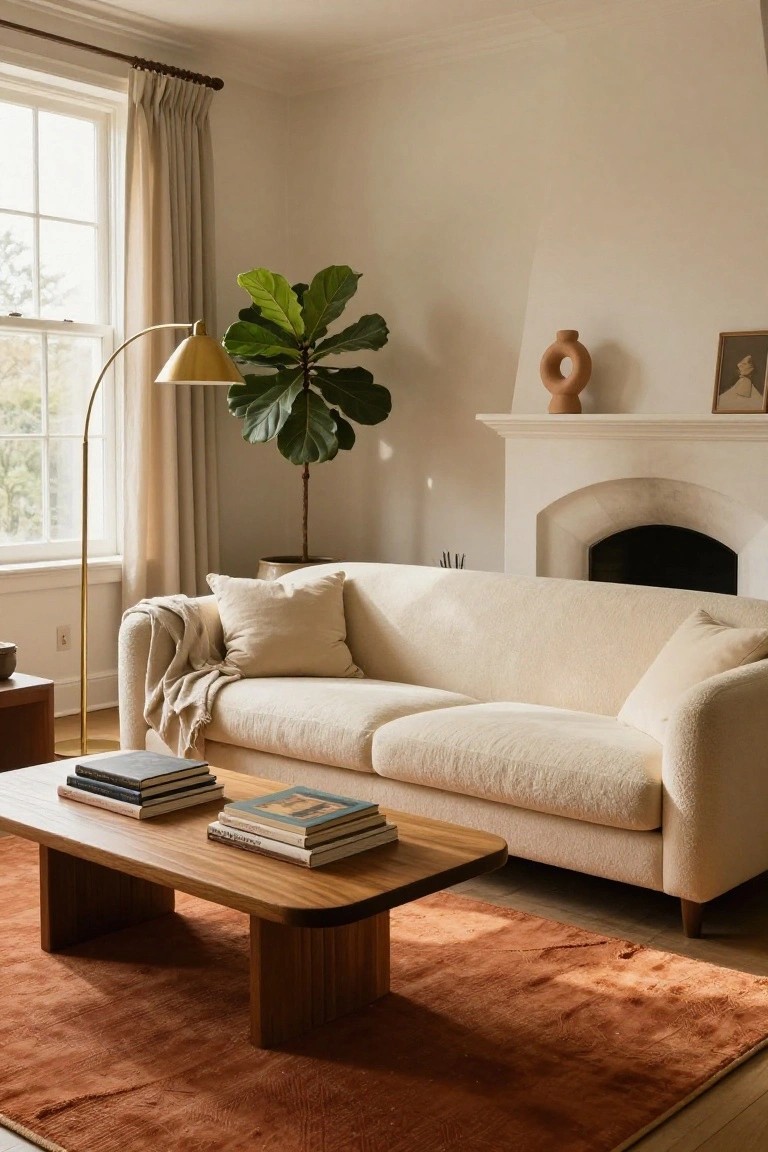 Cream boucle sofa with pillows and throw blanket in white living room featuring low wooden coffee table with stacked books, terracotta rug, fiddle leaf fig plant by gold arc lamp, and arched white fireplace.