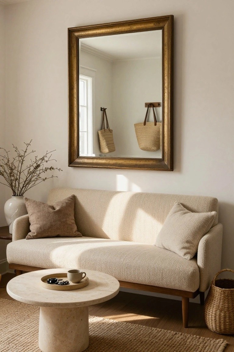 A low beige boucle sofa with cream pillows faces a round white travertine pedestal coffee table holding a wooden tray with a cup and jewelry dish, beside a large gold-framed mirror hanging on a beige wall, with baskets and dried branches nearby on a light rug.