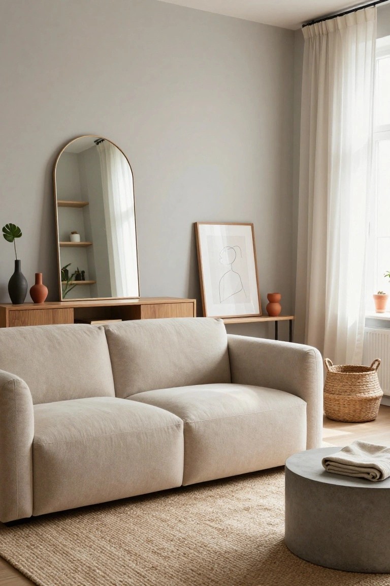 Cream boucle sofa on a seagrass rug in a living room with light gray walls, wooden sideboard topped with vases and art, arched gold mirror, sheer curtains at window, and woven basket nearby.