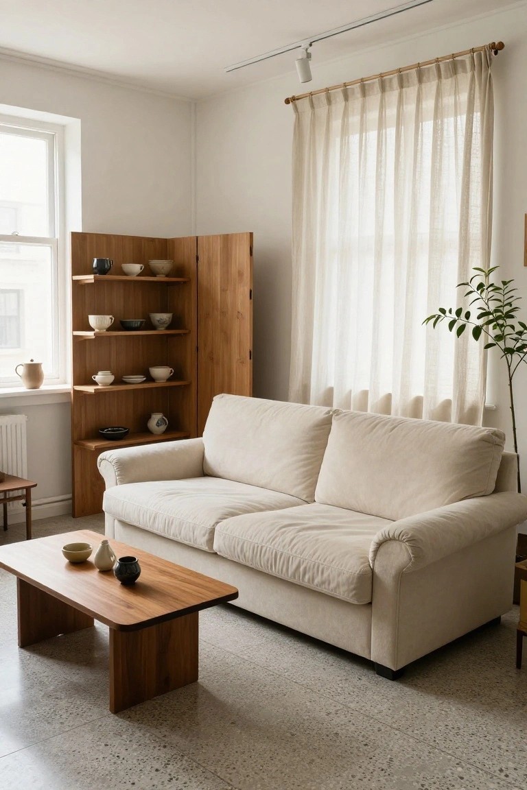A cream-colored boucle sofa in a bright living room with a tall wooden folding shelving unit displaying ceramics behind it, a low wooden coffee table in front, sheer curtains on a window, and polished concrete flooring.