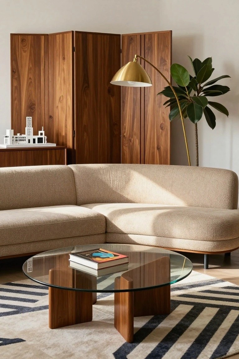 Beige curved boucle sofa in a living room with round glass coffee table on wooden legs, wooden folding screen, gold arc lamp, potted plant, and small white building models on a wooden sideboard.