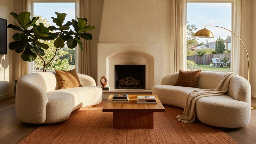 23 Boucle Sofa Ideas With Soft Sculptural Forms Cream boucle sofa with pillows and throw blanket in white living room featuring low wooden coffee table with stacked books, terracotta rug, fiddle leaf fig plant by gold arc lamp, and arched white fireplace.