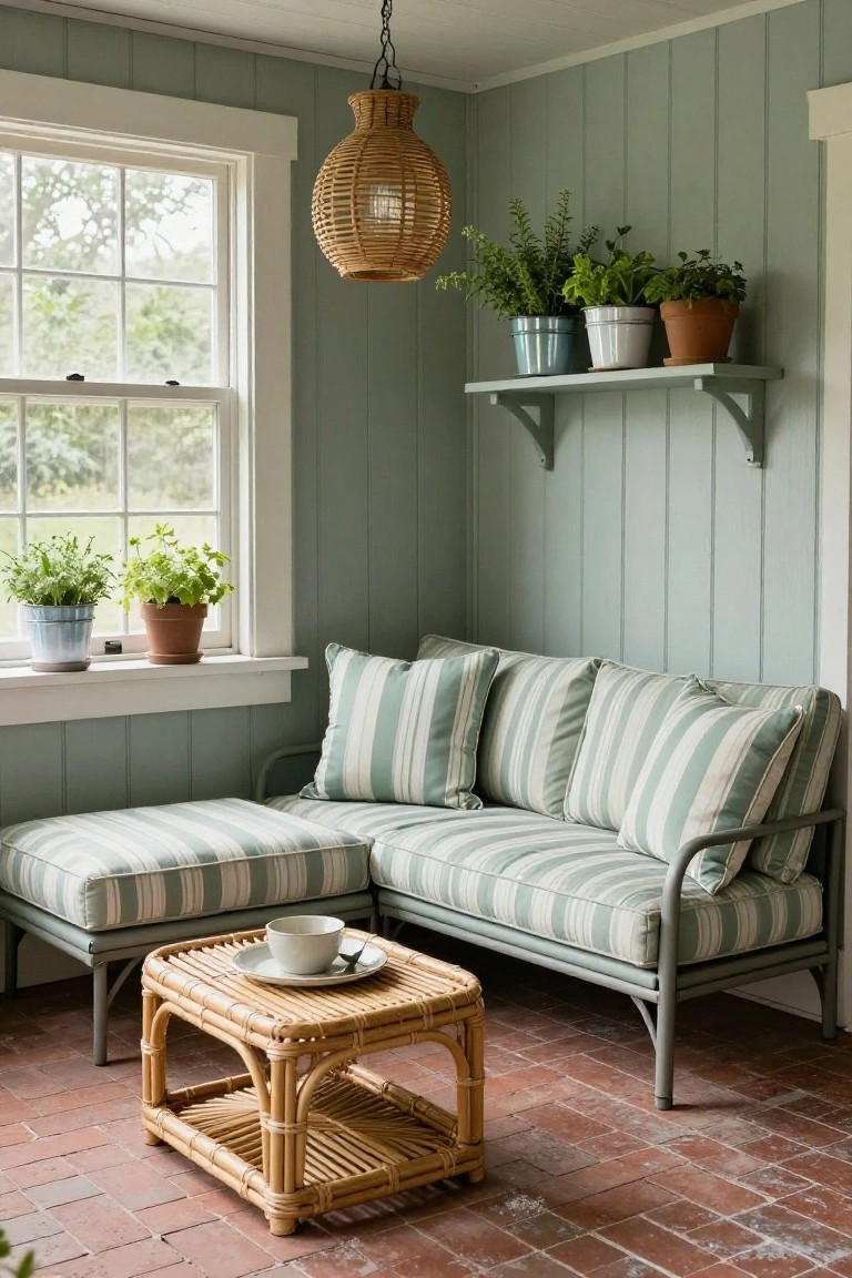 Sage green shiplap paneled room with large windows overlooking trees, multiple potted plants on shelves and sills, light blue and white striped L-shaped sofa with ottoman in corner, rattan coffee table holding a cup and saucer on brick floor, rattan pendant light overhead.