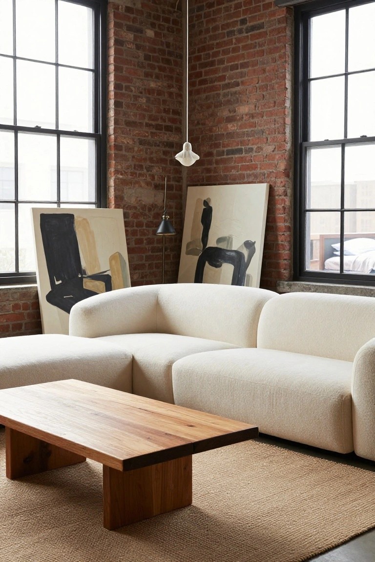 White curved boucle sofa with modular sections and ottoman in a brick-walled living room featuring large black-framed windows, abstract paintings, brass lamps, wooden coffee table, and seagrass rug on concrete floor.