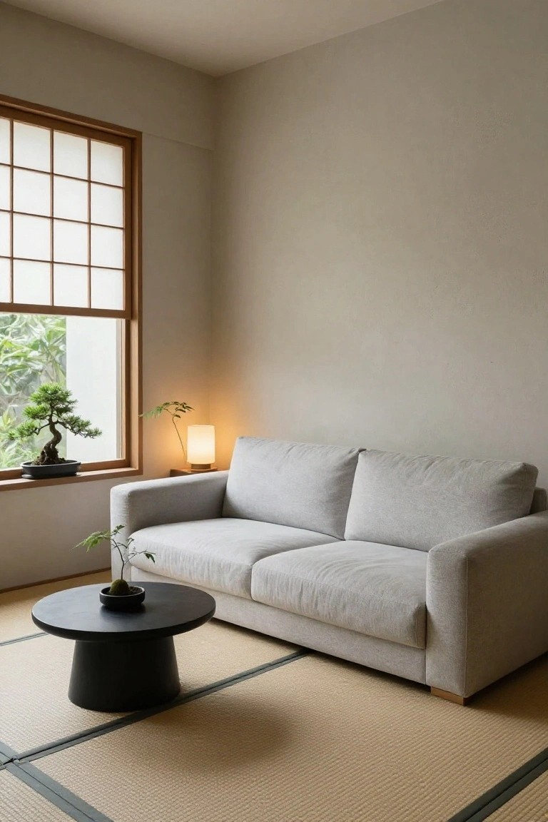 Light gray boucle sofa on tatami mat flooring in a minimalist room with shoji window, bonsai tree outside, low black round table holding a small plant, and a white lamp on a wooden shelf.