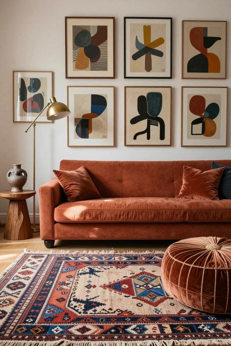 Living room with burnt orange boucle sofa, matching velvet pillows and pouf, brass arc lamp, carved stool with vase, gallery wall of nine abstract geometric art prints, and oriental rug on wood floor.