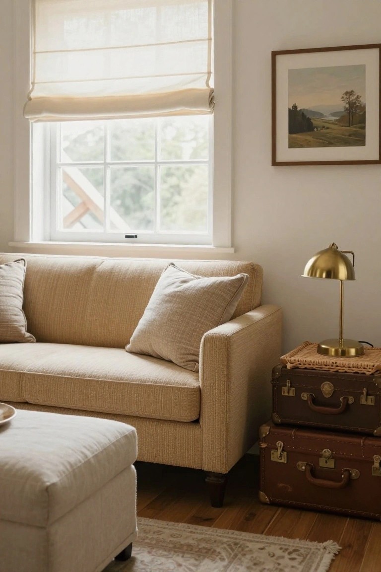 Cream boucle sofa with beige pillows next to two stacked brown leather vintage suitcases topped with a woven mat, gold lamp, and base, beside a white ottoman in a light wood-floored room with sheer window shades and a landscape painting on the wall.