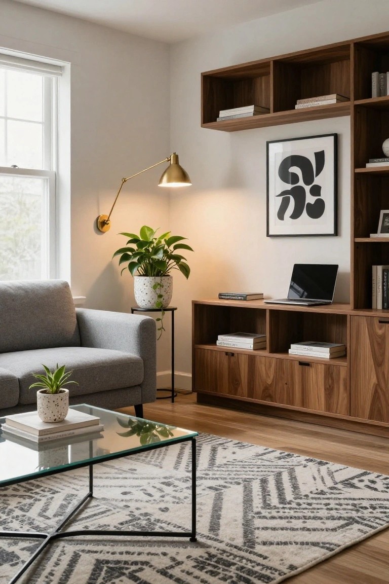 Light gray boucle sofa in a modern living room with extensive walnut built-in open shelves and cabinets, potted plants, open laptop on shelf, glass coffee table, patterned rug, and wall-mounted lamp near a window.
