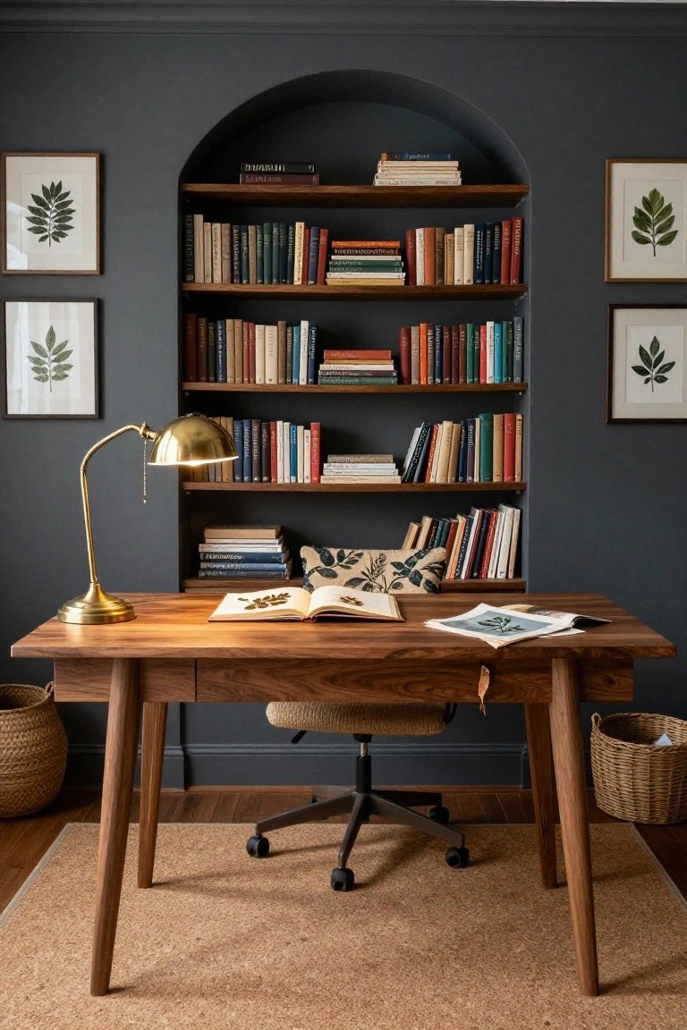 Home office with dark gray walls, arched wooden bookshelf recess filled with books, wooden desk topped with open books and brass lamp, office chair, seagrass baskets, and leaf artwork on walls.