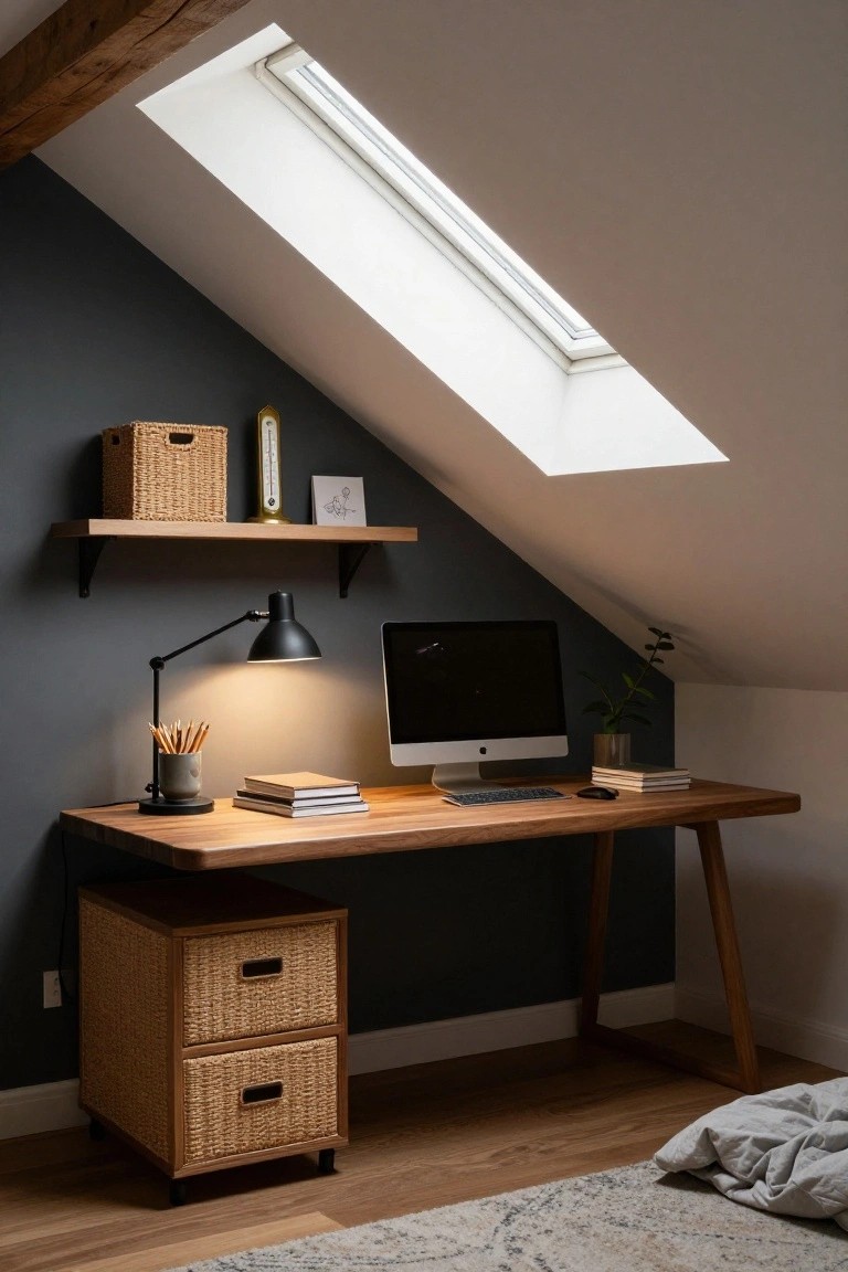 Home office in an attic space featuring a wooden desk with Mac computer and keyboard, desk lamp, wicker drawer unit, shelves with baskets above, against charcoal gray sloped wall under skylight.