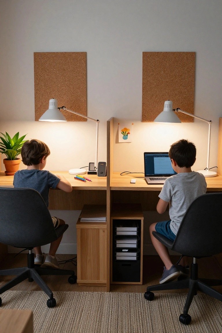 Two boys seated back-to-back at wooden desks with laptops, gray chairs, adjustable lamps, and corkboard walls in a home office.