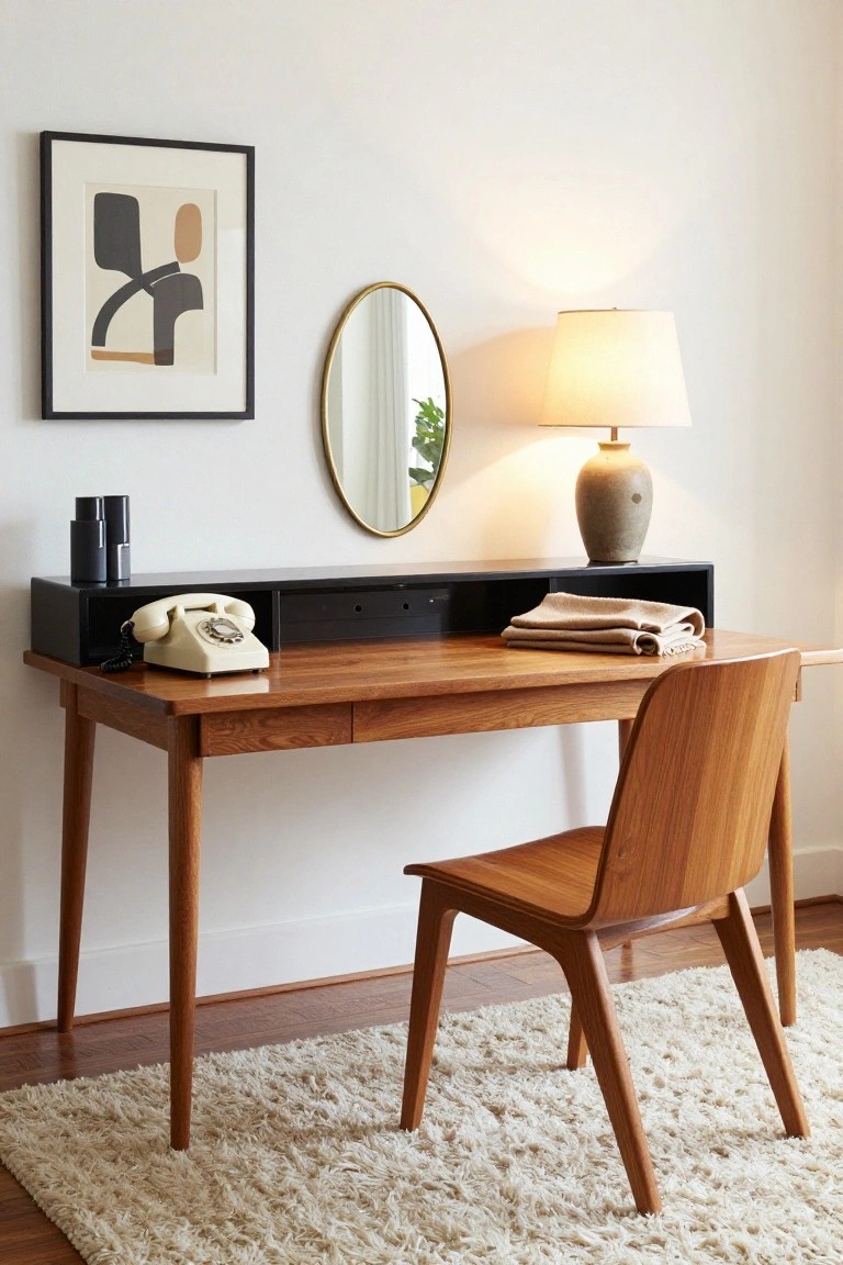 A wooden desk with tapered legs and a black upper hutch holding a cream rotary phone and black vase, paired with a matching wooden chair on a white shag rug in a white-walled room.