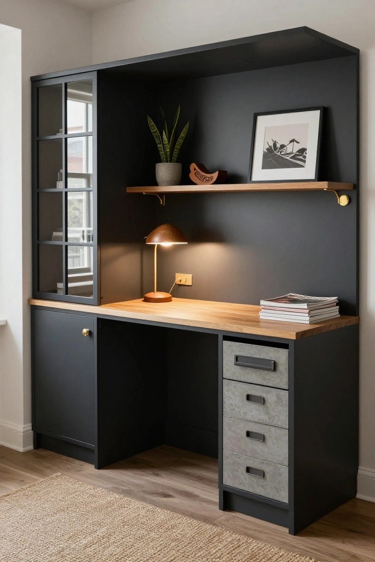 A built-in home office desk unit with matte charcoal gray cabinets, oak wood desktop, glass-fronted cabinet, open shelves with plants and decor, metal drawers, and a desk lamp on light wood floors.